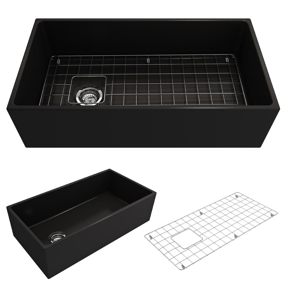 BOCCHI CONTEMPO 36" Fireclay Farmhouse Single Bowl Kitchen Sink with Protective Bottom Grid and Strainer