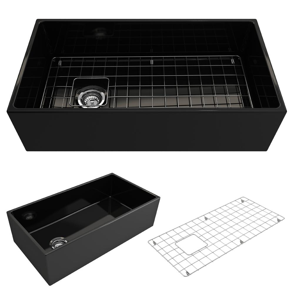 BOCCHI CONTEMPO 36" Fireclay Farmhouse Single Bowl Kitchen Sink with Protective Bottom Grid and Strainer