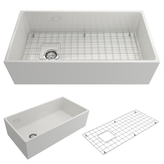 BOCCHI CONTEMPO 36" Fireclay Farmhouse Single Bowl Kitchen Sink with Protective Bottom Grid and Strainer