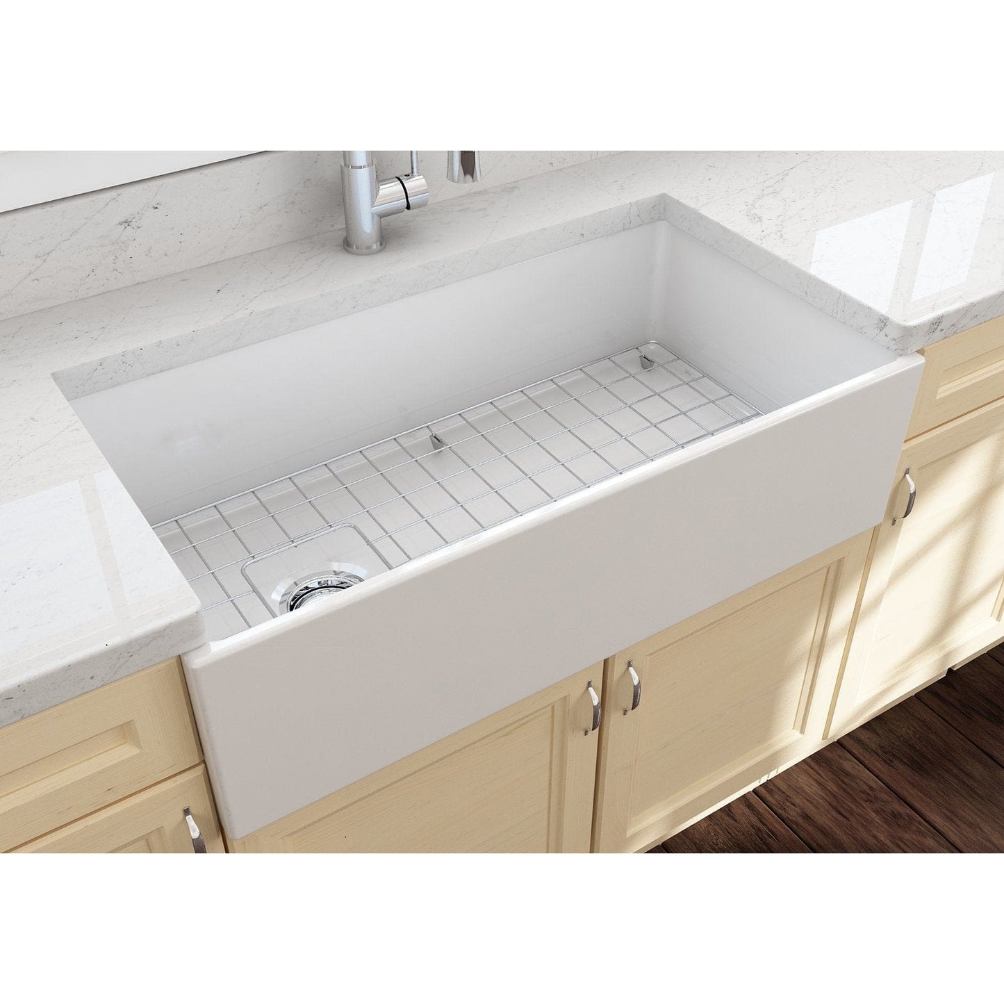 BOCCHI CONTEMPO 36" Fireclay Farmhouse Single Bowl Kitchen Sink with Protective Bottom Grid and Strainer