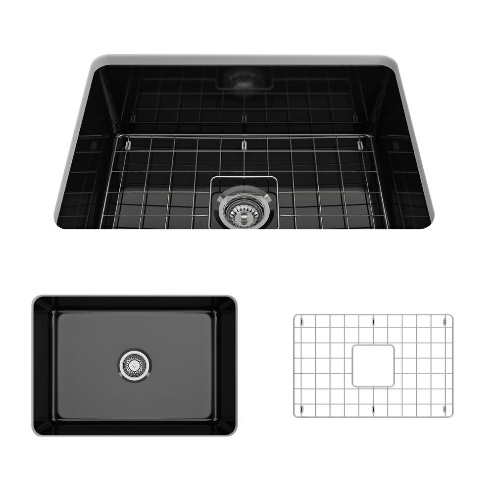 BOCCHI SOTTO 27" Fireclay Modern Undermount Single Bowl Kitchen Sink with Protective Bottom Grid and Strainer