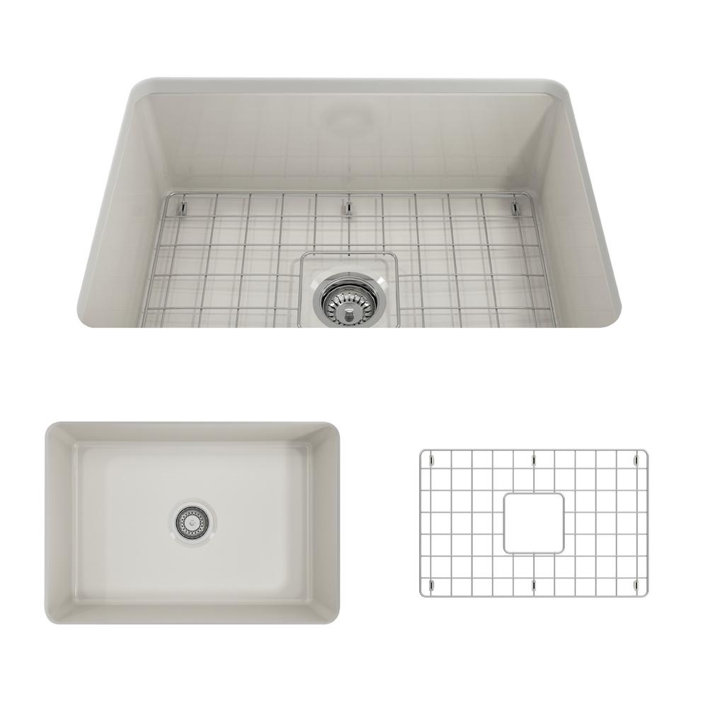 BOCCHI SOTTO 27" Fireclay Modern Undermount Single Bowl Kitchen Sink with Protective Bottom Grid and Strainer