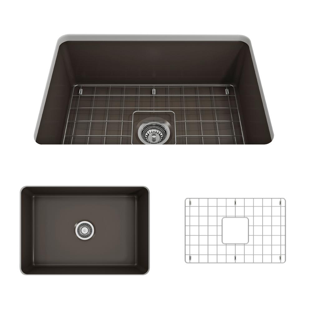 BOCCHI SOTTO 27" Fireclay Modern Undermount Single Bowl Kitchen Sink with Protective Bottom Grid and Strainer