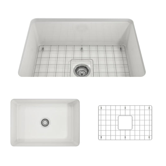 BOCCHI SOTTO 27" Fireclay Modern Undermount Single Bowl Kitchen Sink with Protective Bottom Grid and Strainer