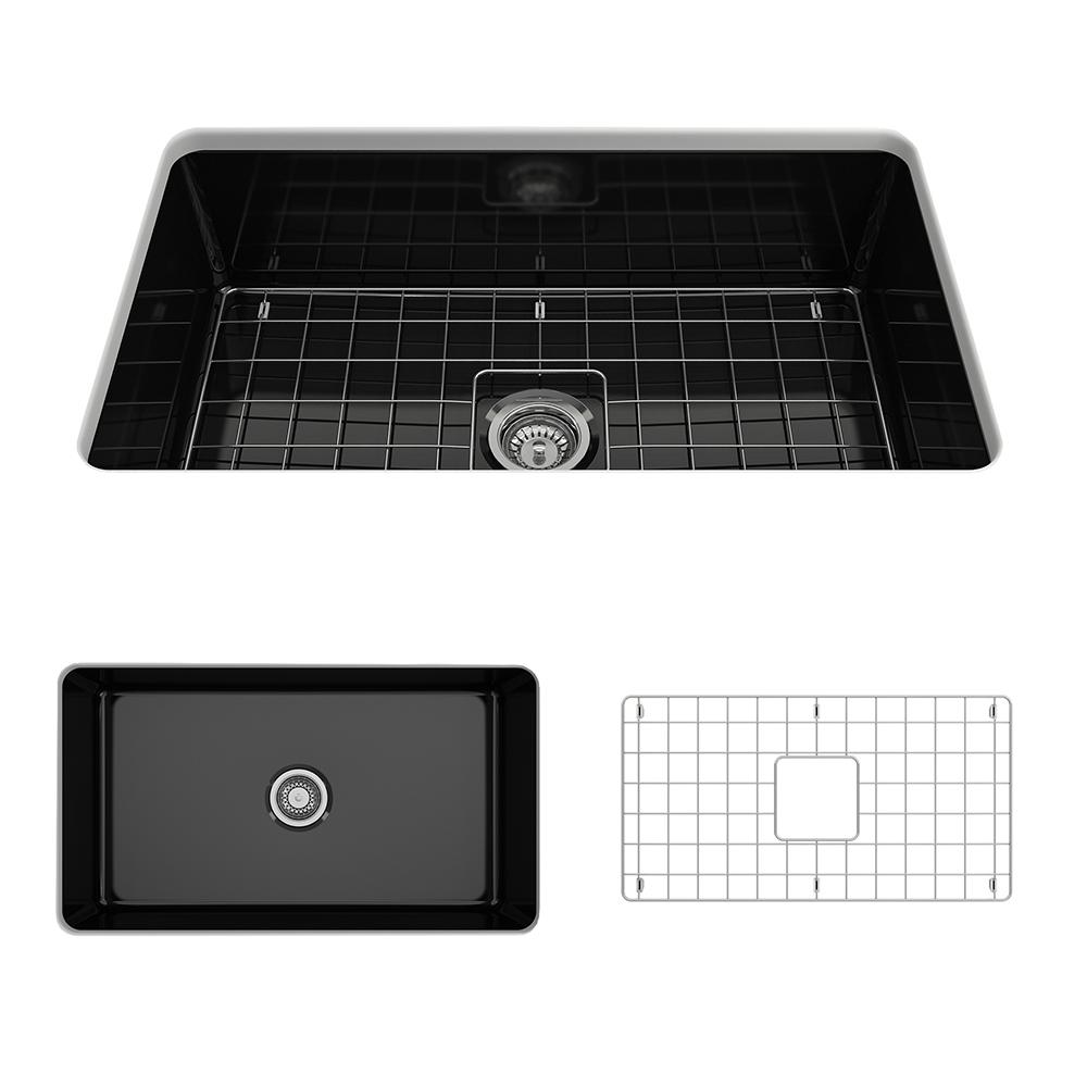 BOCCHI SOTTO 32" Fireclay Modern Undermount Single Bowl Kitchen Sink with Protective Bottom Grid and Strainer