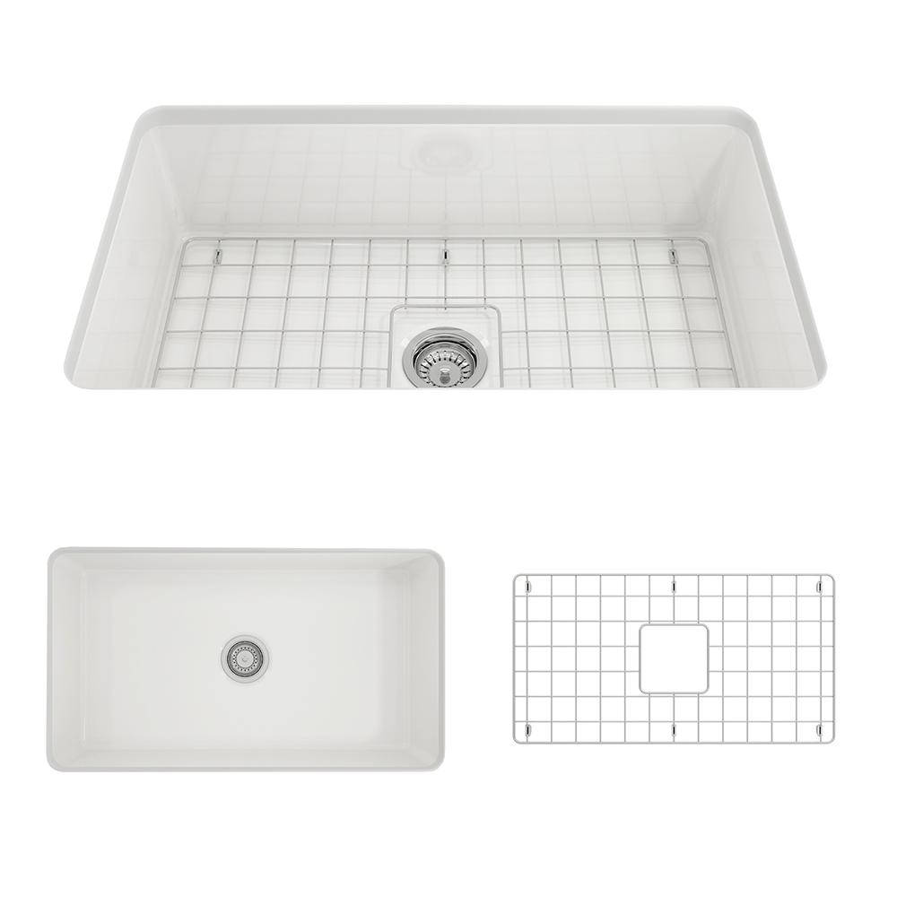 BOCCHI SOTTO 32" Fireclay Modern Undermount Single Bowl Kitchen Sink with Protective Bottom Grid and Strainer