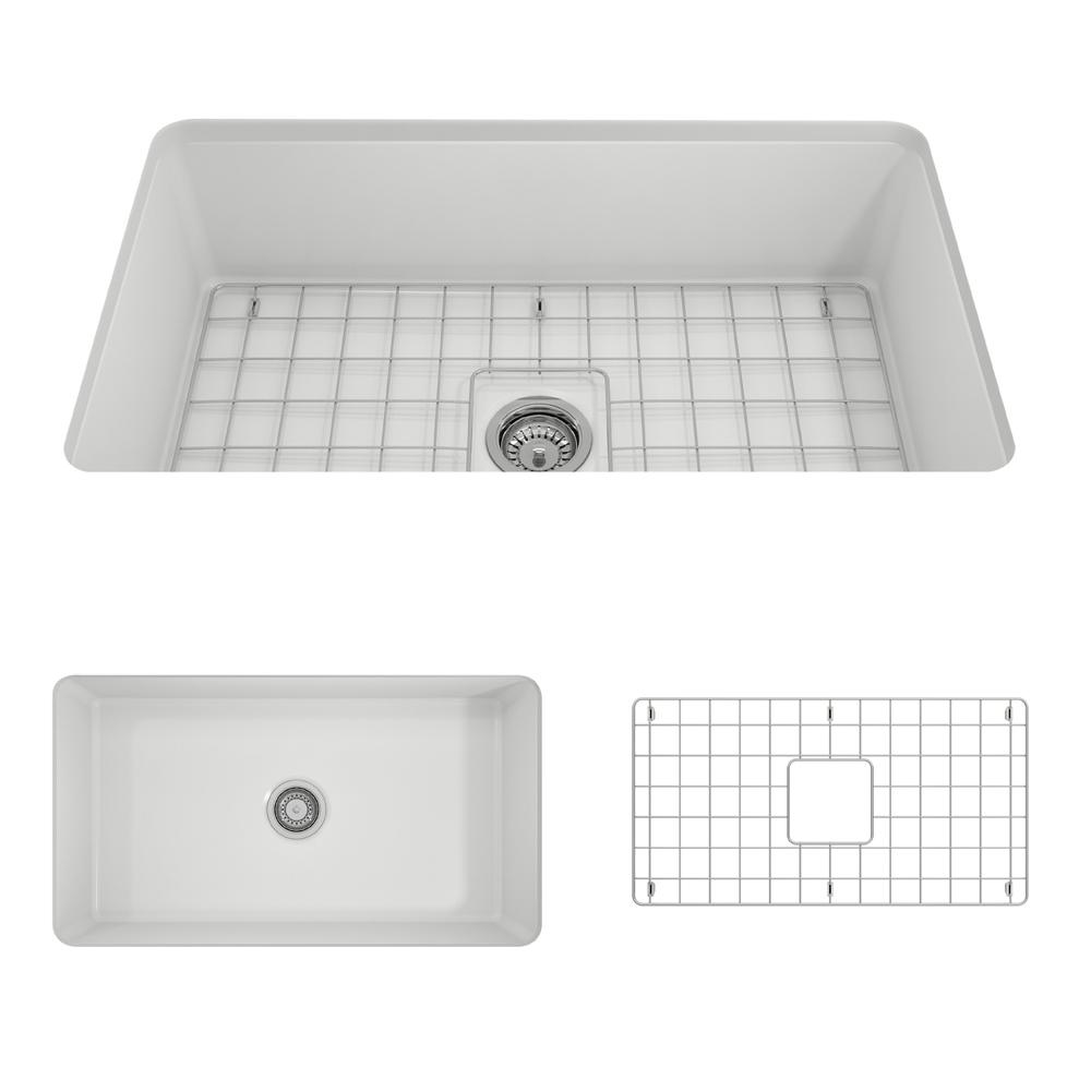 BOCCHI SOTTO 32" Fireclay Modern Undermount Single Bowl Kitchen Sink with Protective Bottom Grid and Strainer