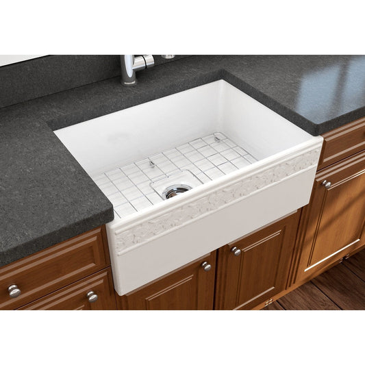 BOCCHI VIGNETO 27" Fireclay Farmhouse Single Bowl Kitchen Sink with Protective Bottom Grid and Strainer