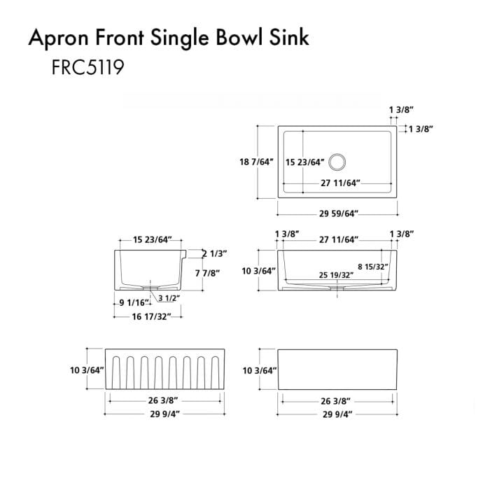 ZLINE Venice Farmhouse Reversible Fireclay Sink in White Gloss (FRC5119-WH-30)