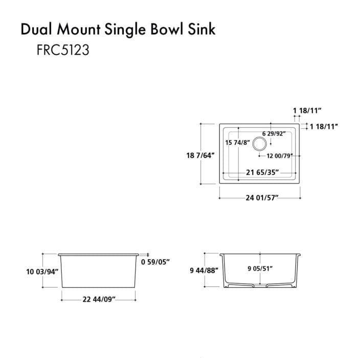 ZLINE Rome Dual Mount Fireclay Sink in Charcoal (FRC5123-CL-24)