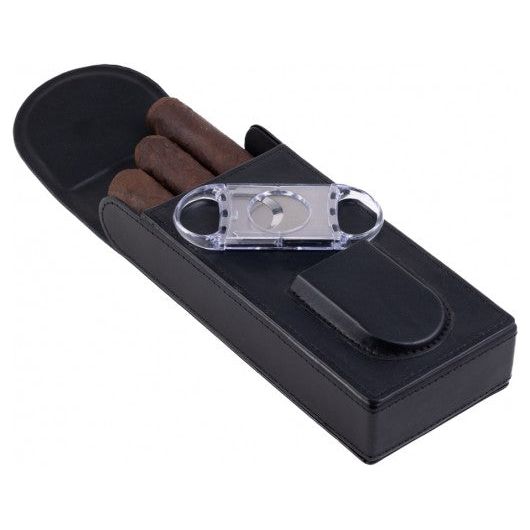 3 Cigar Leather Case w/ Magnetic Closure & Cutter