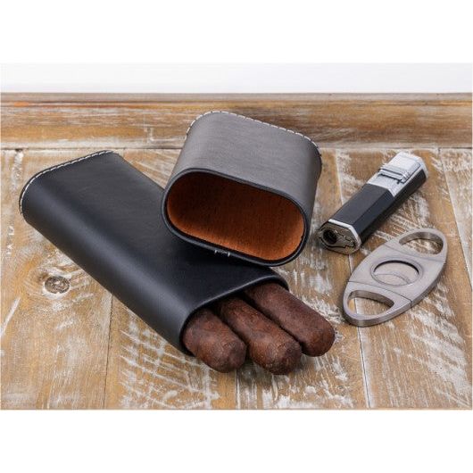 3 Cigar Black Leather Case