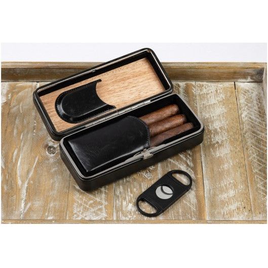 3 Cigar Folding Leather Travel Case w/ Cutter