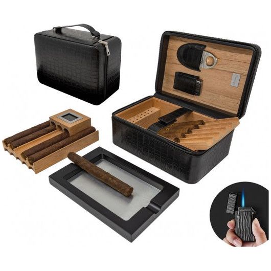 ManhattanXL Travel Humidor w/ Digital Hygro, Ashtray, Cutter, Lighter, Humidifier & Zipper | Holds 20 Cigars