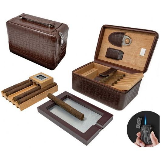 ManhattanXL Travel Humidor w/ Digital Hygro, Ashtray, Cutter, Lighter, Humidifier & Zipper | Holds 20 Cigars