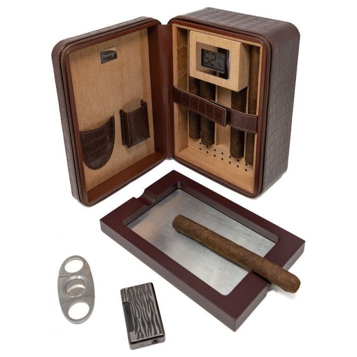 ManhattanXL Travel Humidor w/ Digital Hygro, Ashtray, Cutter, Lighter, Humidifier & Zipper | Holds 20 Cigars