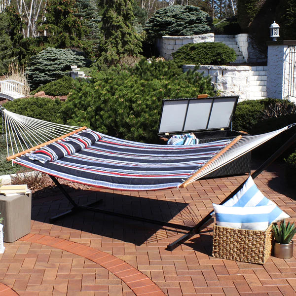 Double Hammock with Pillow | Quilted Fabric | Spreader Bars Included