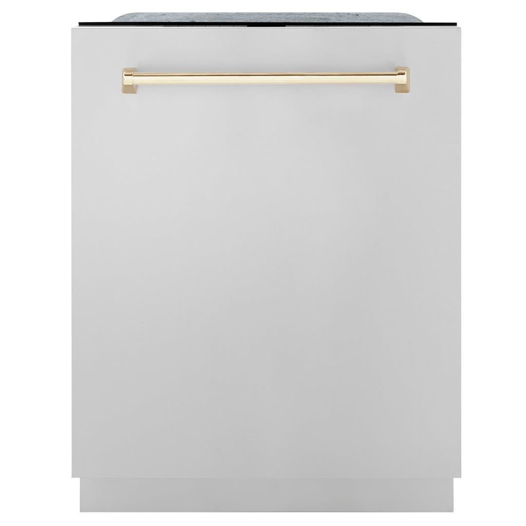 ZLINE Autograph Edition 24 in. 3rd Rack Top Touch Control Tall Tub Dishwasher in Stainless Steel with Polished Gold Handle, 45dBa (DWMTZ-304-24-G)