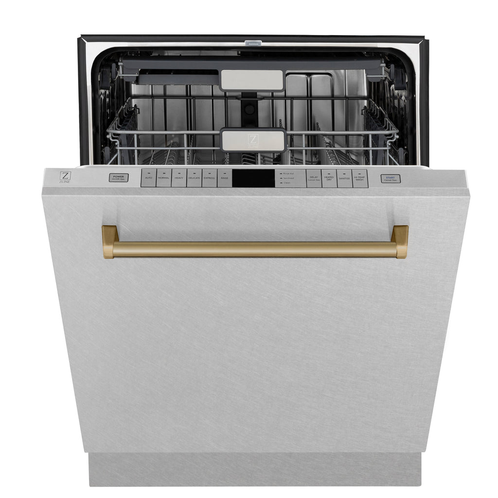ZLINE Autograph Edition 24 in. 3rd Rack Top Control Tall Tub Dishwasher in Fingerprint Resistant Stainless Steel with Champagne Bronze Accents, 45dBa (DWMTZ-SN-24-CB)