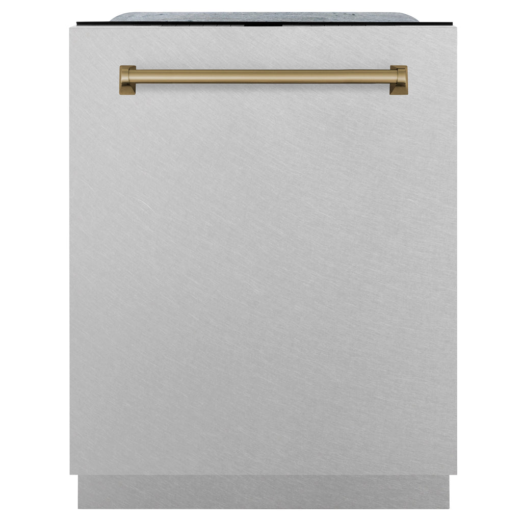 ZLINE Autograph Edition 24 in. 3rd Rack Top Control Tall Tub Dishwasher in Fingerprint Resistant Stainless Steel with Champagne Bronze Accents, 45dBa (DWMTZ-SN-24-CB)