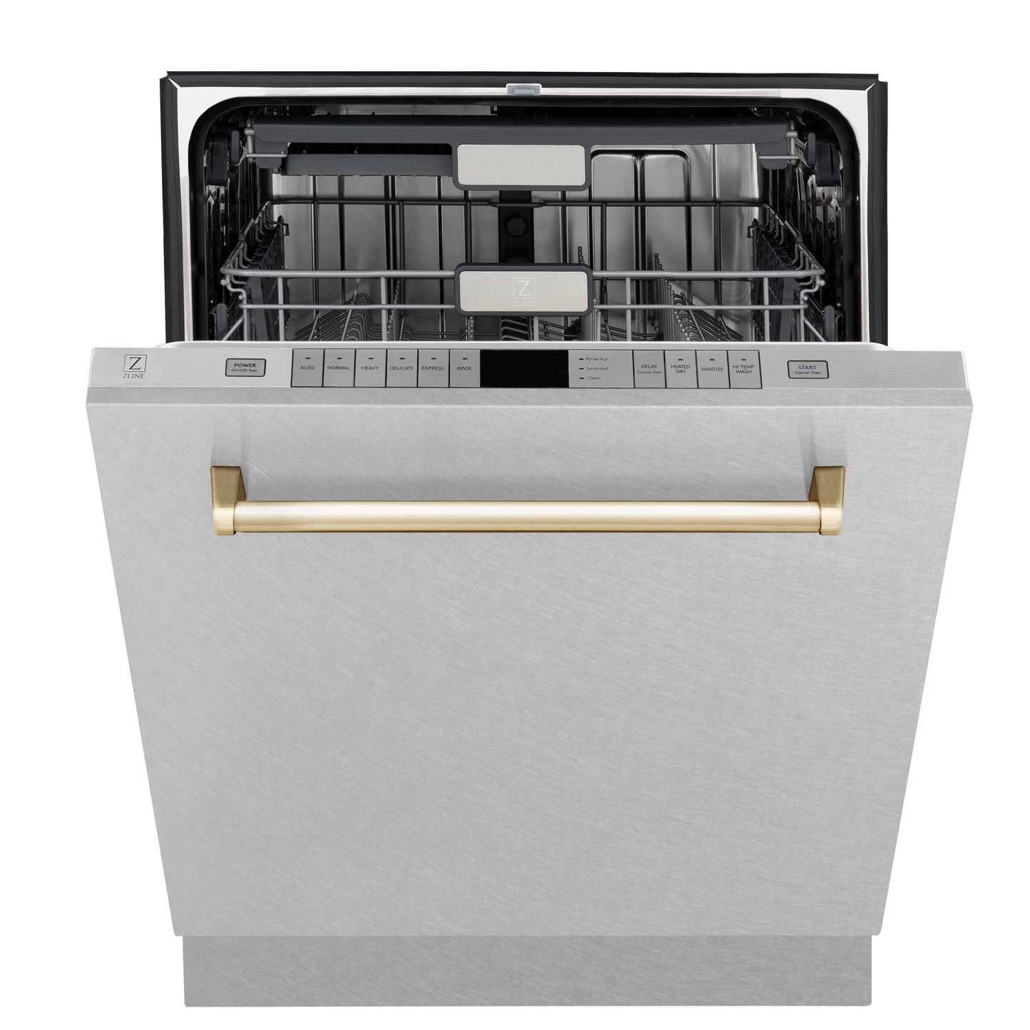 ZLINE Autograph Edition 24" 3rd Rack Top Control Tall Tub Dishwasher in Fingerprint Resistant Stainless Steel with Polished Gold Accents, 45dBa (DWMTZ-SN-24-G)