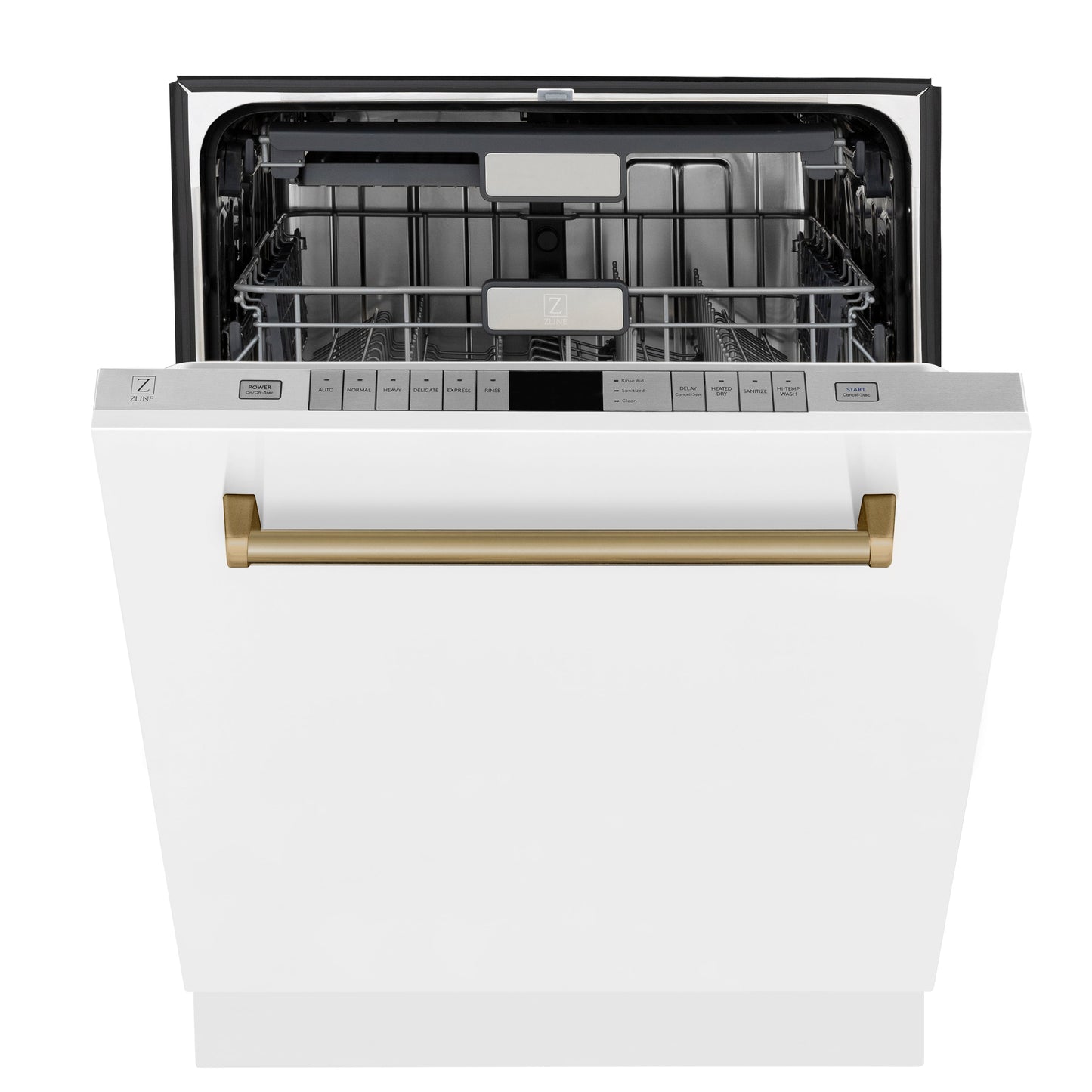 ZLINE Autograph Edition 24 in. 3rd Rack Top Touch Control Tall Tub Dishwasher in White Matte with Champagne Bronze Accent Handle, 45dBa (DWMTZ-WM-24-CB)