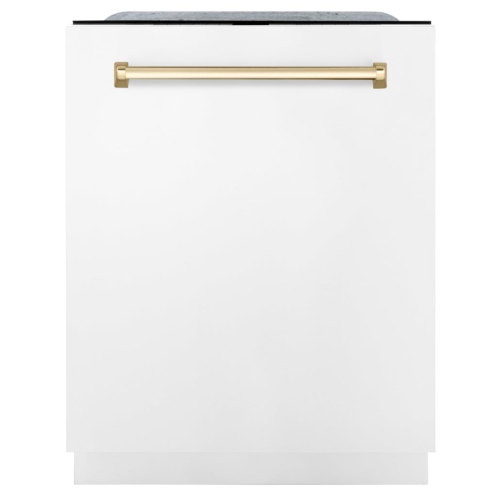ZLINE Autograph Edition 24 in. 3rd Rack Top Touch Control Tall Tub Dishwasher in White Matte with Polished Gold Accent Handle, 45dBa (DWMTZ-WM-24-G)