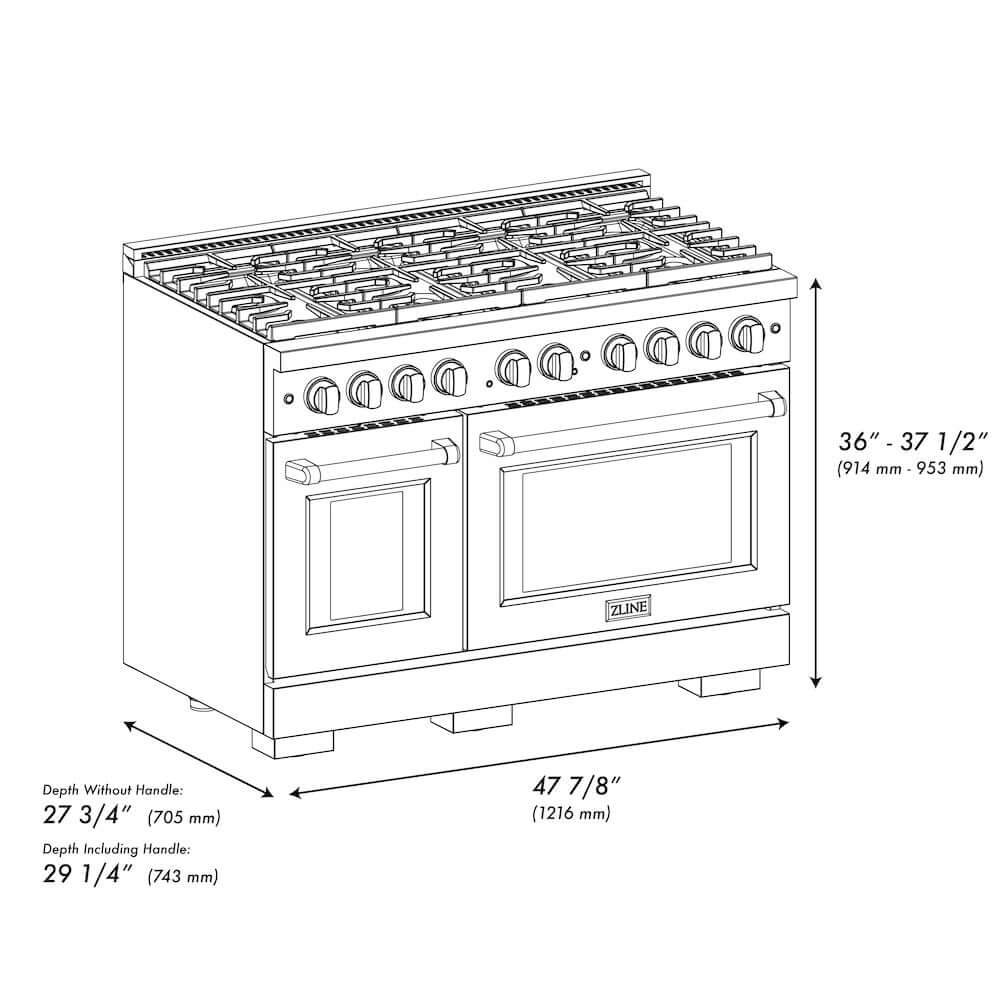 ZLINE Autograph Edition 48 in. 6.7 cu. ft. 8 Burner Double Oven Gas Range in DuraSnow® Stainless Steel with Black Matte Doors and Polished Gold Accents (SGRSZ-BLM-48-G)