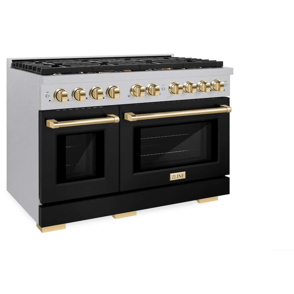 ZLINE Autograph Edition 48 in. 6.7 cu. ft. 8 Burner Double Oven Gas Range in DuraSnow® Stainless Steel with Black Matte Doors and Polished Gold Accents (SGRSZ-BLM-48-G)