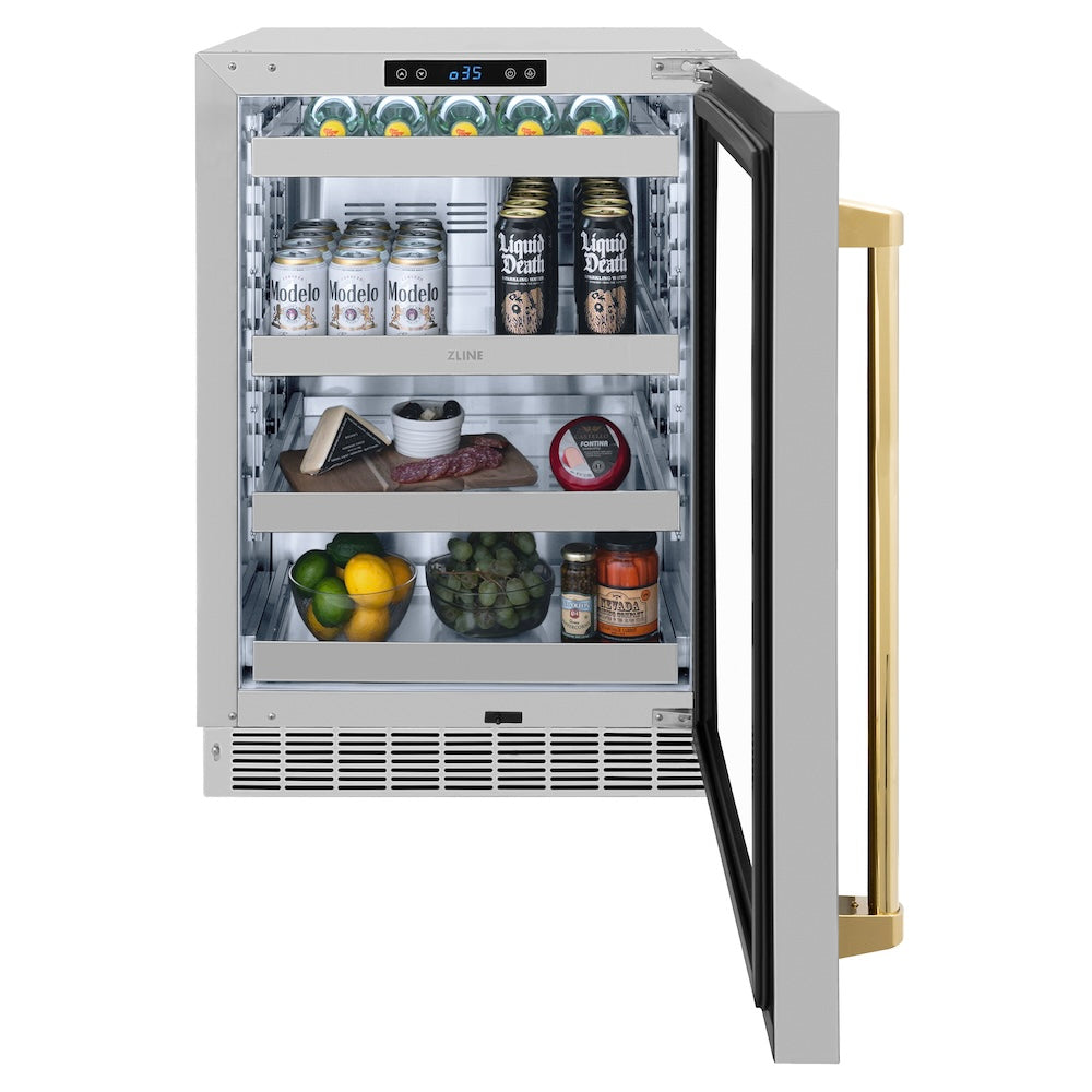 ZLINE Autograph Edition 24 in. Touchstone 151 Can Beverage Fridge With Stainless Steel Glass Door And Polished Gold Handle (RBSOZ-GS-24-G)
