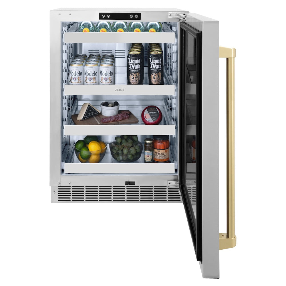 ZLINE Autograph Edition 24 in. Touchstone 151 Can Beverage Fridge With Solid Stainless Steel Door And Champagne Bronze Handle (RBSOZ-ST-24-CB)