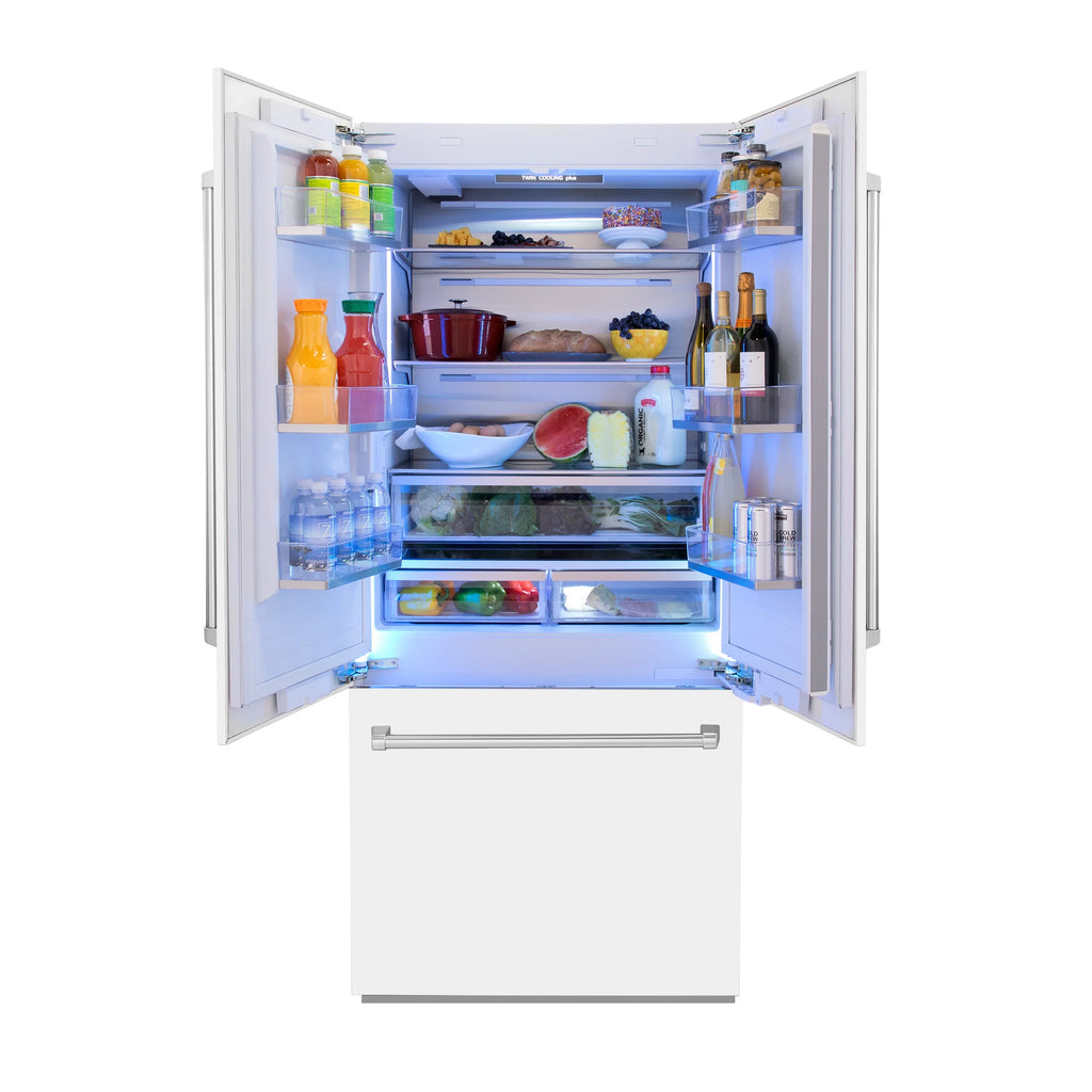 ZLINE 36 In. 19.6 cu. ft. Built-In French Door Refrigerator with Internal Water and Ice Dispenser in White Matte, RBIV-WM-36