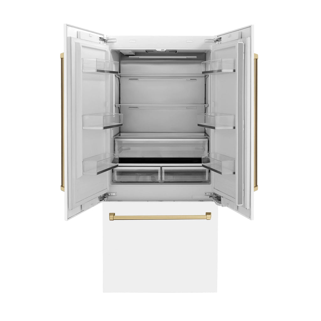 ZLINE 36 In. 19.6 cu. ft. Built-In French Door Refrigerator with Internal Water and Ice Dispenser in White Matte with Bronze Accents, RBIVZ-WM-36-CB