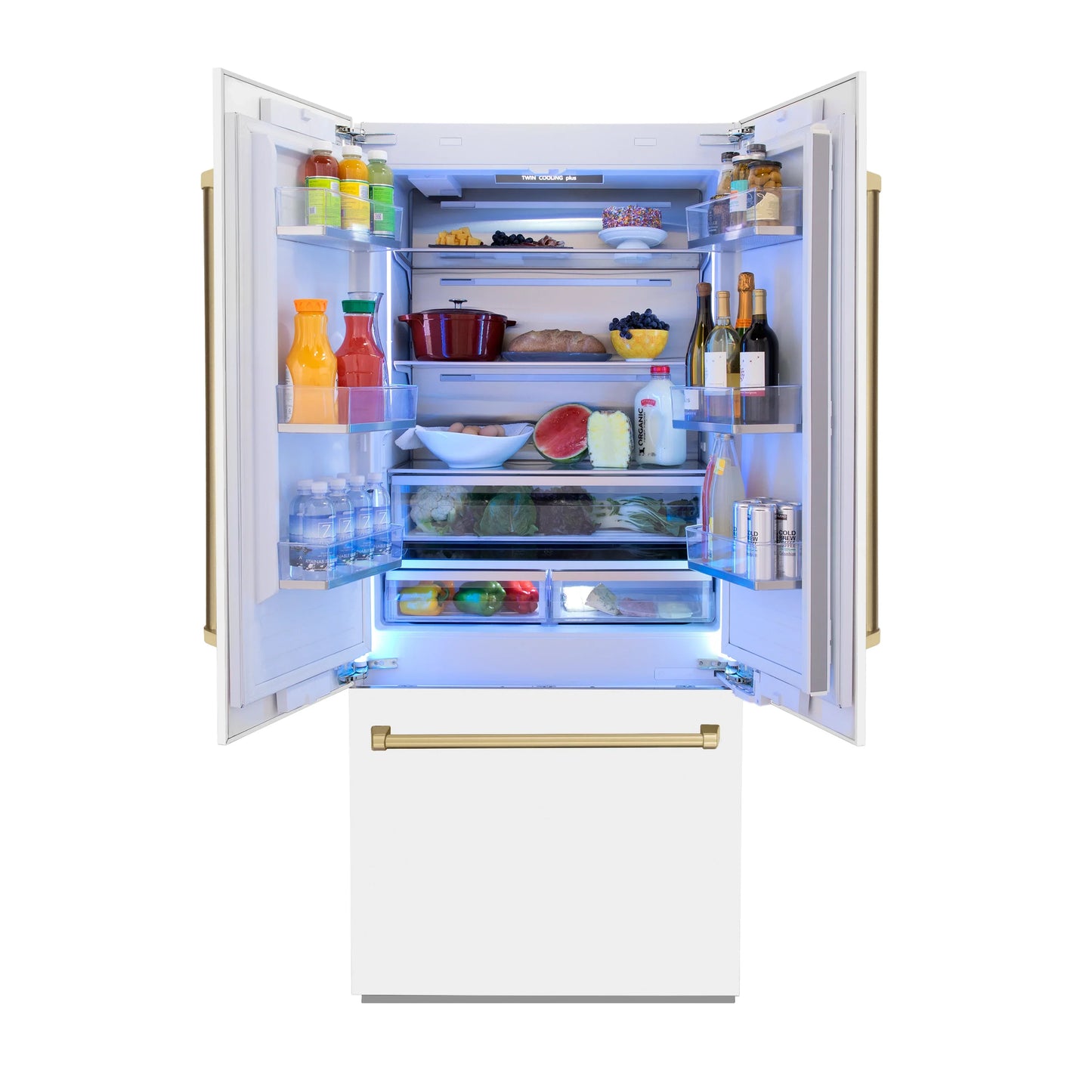ZLINE 36 In. 19.6 cu. ft. Built-In French Door Refrigerator with Internal Water and Ice Dispenser in White Matte with Gold Accents, RBIVZ-WM-36-G