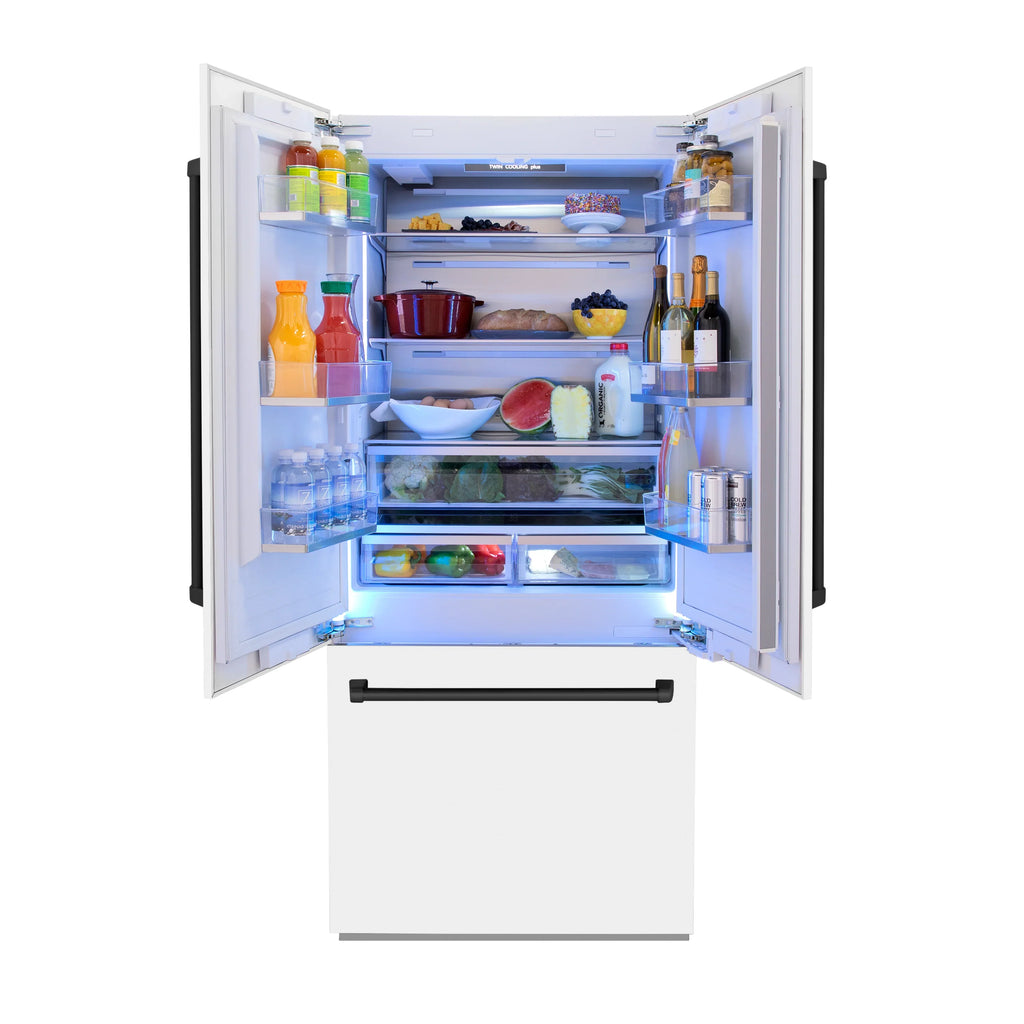 ZLINE 36 In. 19.6 cu. ft. Built-In French Door Refrigerator with Internal Water and Ice Dispenser in White Matte with Black Accents, RBIVZ-WM-36-MB