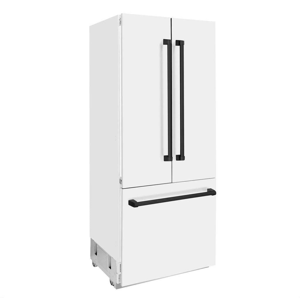 ZLINE 36 In. 19.6 cu. ft. Built-In French Door Refrigerator with Internal Water and Ice Dispenser in White Matte with Black Accents, RBIVZ-WM-36-MB