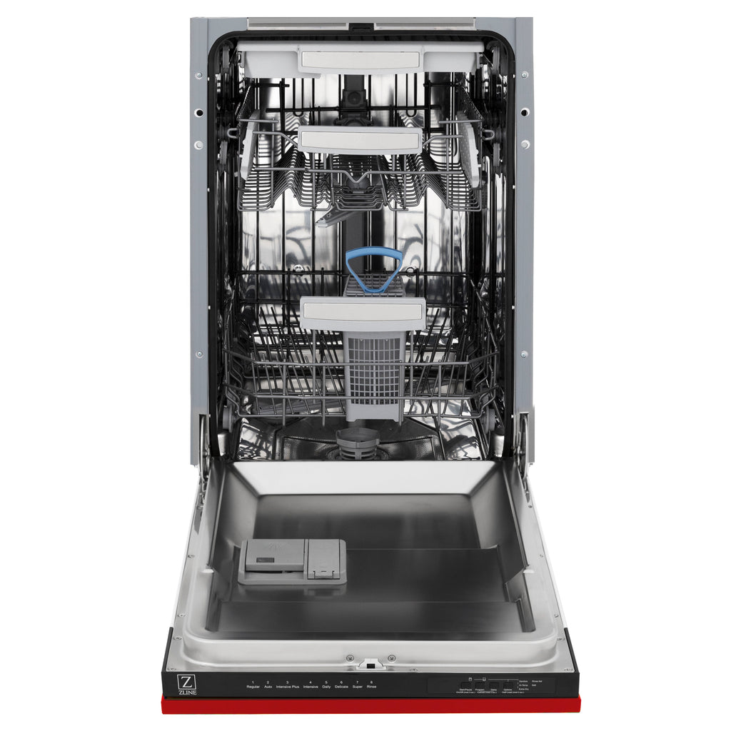 ZLINE 18 in. Tallac Series 3rd Rack Top Control Dishwasher in a Stainless Steel Tub with Red Matte Panel, 51dBa (DWV-RM-18)