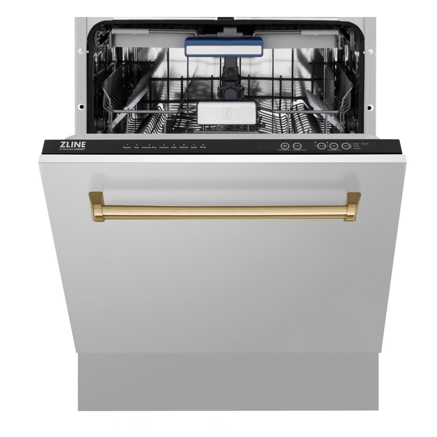 ZLINE Autograph Edition 24 in. 3rd Rack Top Control Tall Tub Dishwasher in Stainless Steel with Champagne Bronze Handle, 51dBa (DWVZ-304-24-CB)