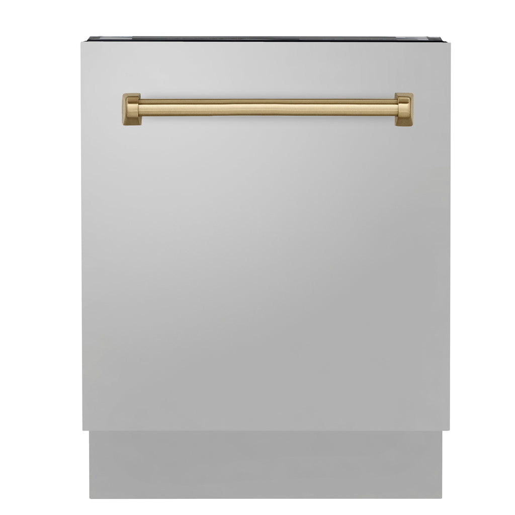ZLINE Autograph Edition 24 in. 3rd Rack Top Control Tall Tub Dishwasher in Stainless Steel with Champagne Bronze Handle, 51dBa (DWVZ-304-24-CB)
