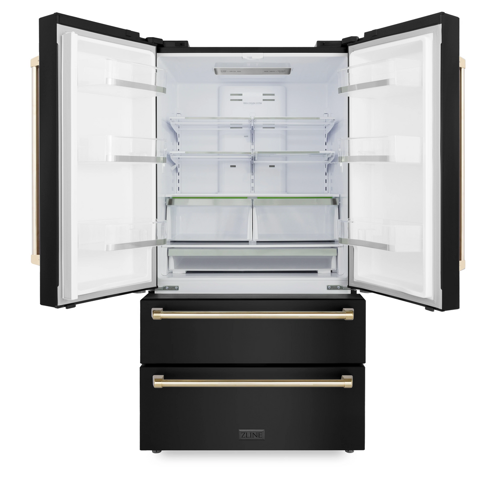 ZLINE 36 In. Autograph 22.5 cu. ft. Refrigerator with Ice Maker in Fingerprint Resistant Black Stainless Steel and Gold Accents, RFMZ-36-BS-G