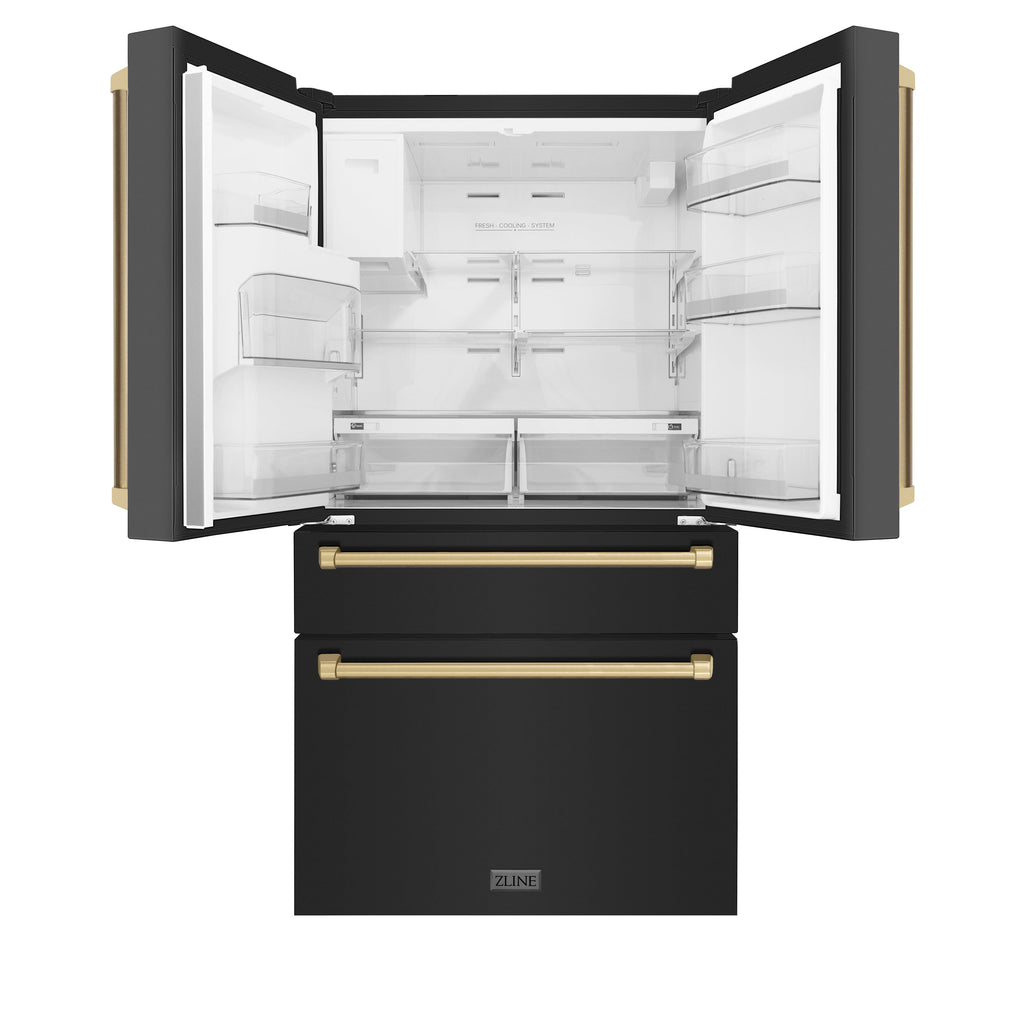 ZLINE 36 In. Autograph Refrigerator with Water and Ice Dispenser in Black with Champagne Bronze Handles, RFMZ-W-36-BS-CB