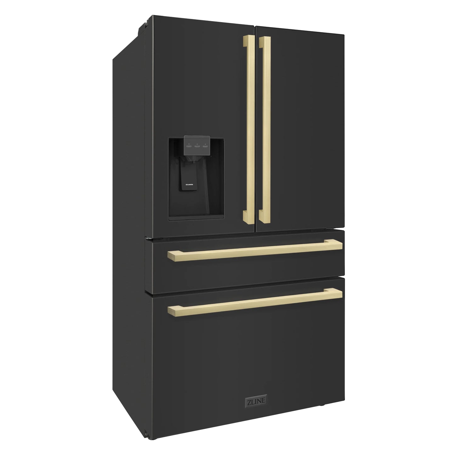 ZLINE 36" Autograph Refrigerator with Water and Ice Dispenser in Black with Champagne Bronze Square Handles, RFMZ-W36-BS-FCB
