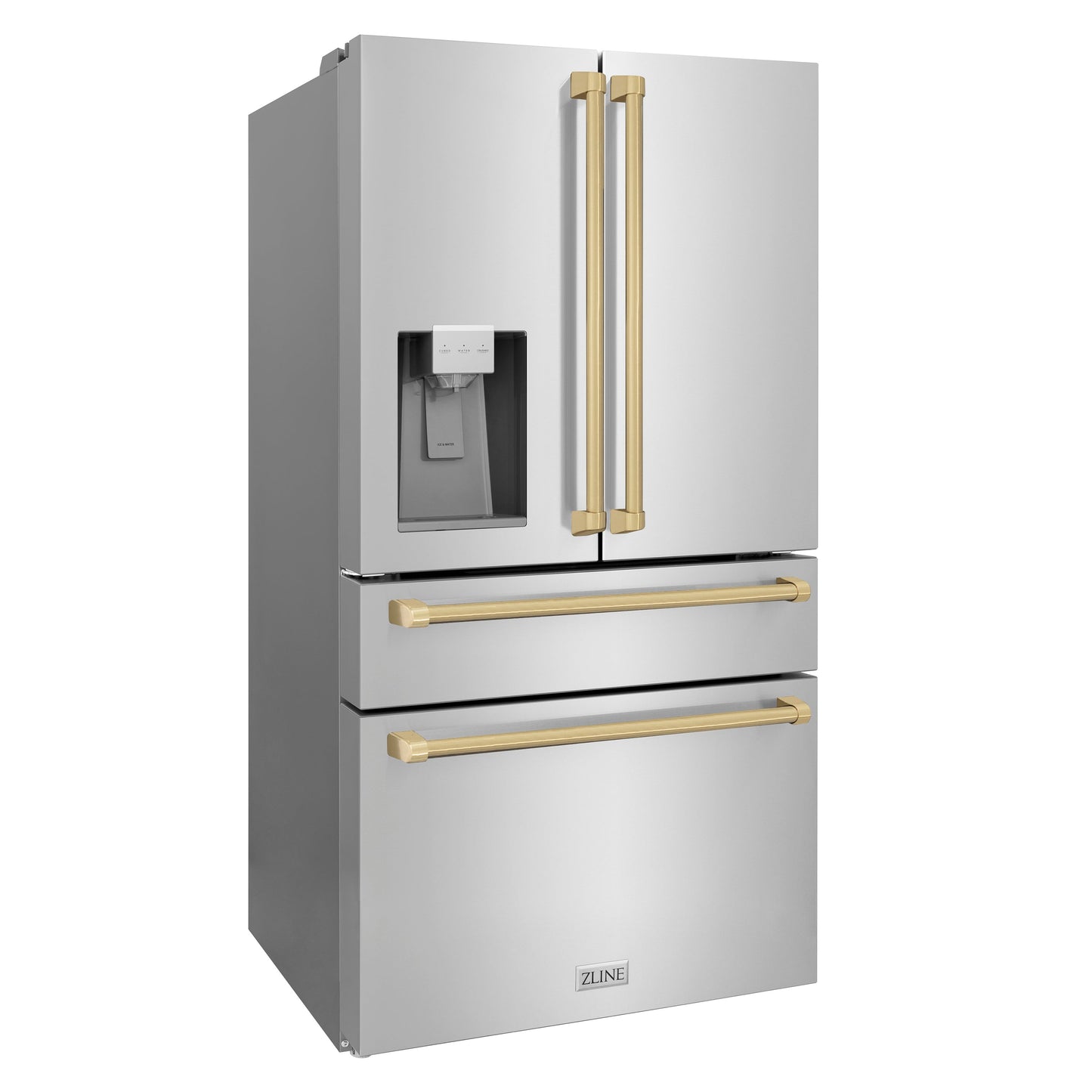 ZLINE 36 In. Autograph Refrigerator with Water and Ice Dispenser in Fingerprint Resistant Stainless Steel with Champagne Bronze Accents, RFMZ-W-36-CB