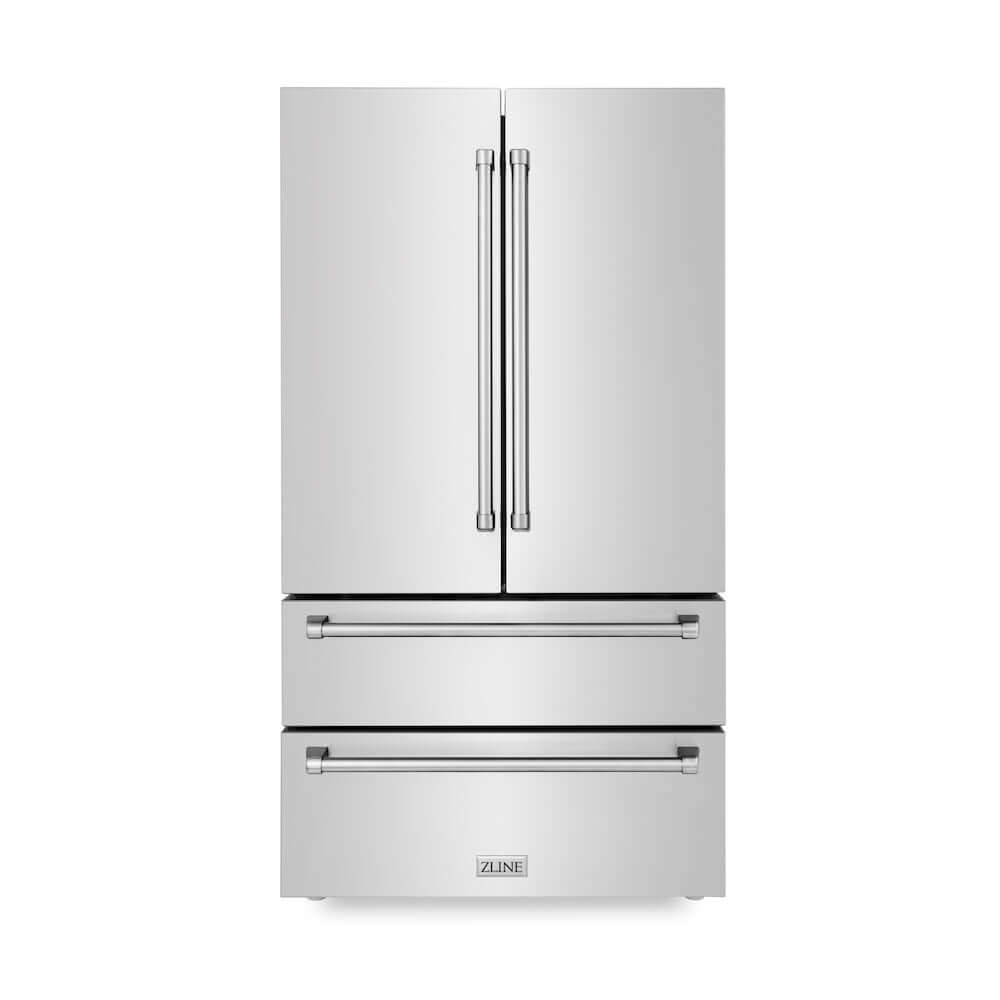 ZLINE Kitchen Package with Refrigeration, 36 in. Stainless Steel Dual Fuel Range, 36 in. Range Hood, Microwave Drawer, 24 in. Tall Tub Dishwasher and Beverage Fridge (6KPR-RARH36-MWDWV-RBV)