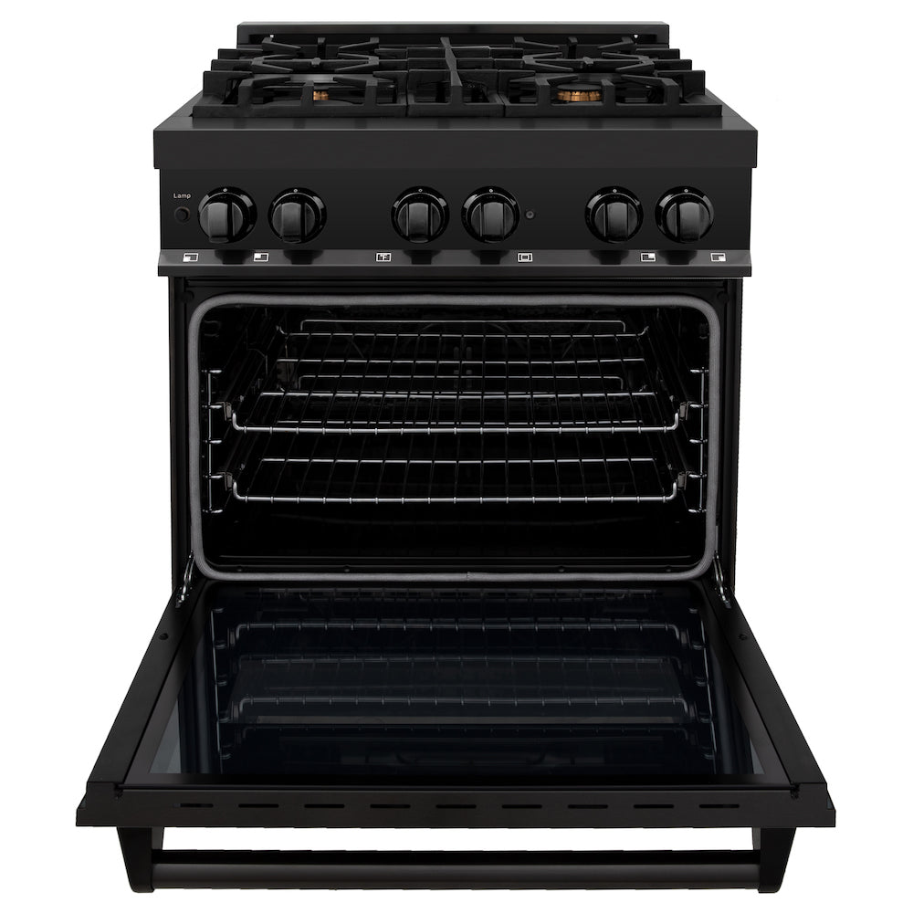 ZLINE 30" Dual Fuel Range with Gas Stove and Electric Oven in Black Stainless Steel with Brass Burners (RAB-BR-30)