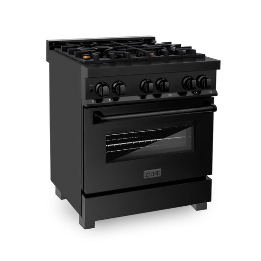 ZLINE 30" Dual Fuel Range with Gas Stove and Electric Oven in Black Stainless Steel with Brass Burners (RAB-BR-30)