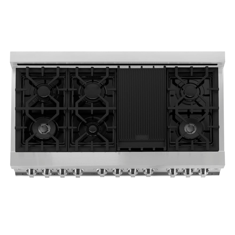 ZLINE Kitchen Package with Refrigeration, 48 in. Stainless Steel Dual Fuel Range, 36 in. Range Hood, Microwave Drawer, 24 in. Tall Tub Dishwasher and Beverage Fridge (6KPR-RARH48-MWDWV-RBV)