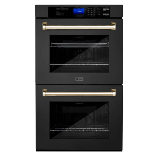 ZLINE Autograph Edition 30 in. Electric Double Wall Oven with Self Clean and True Convection in Black Stainless Steel and Polished Gold Accents (AWDZ-30-BS-G)