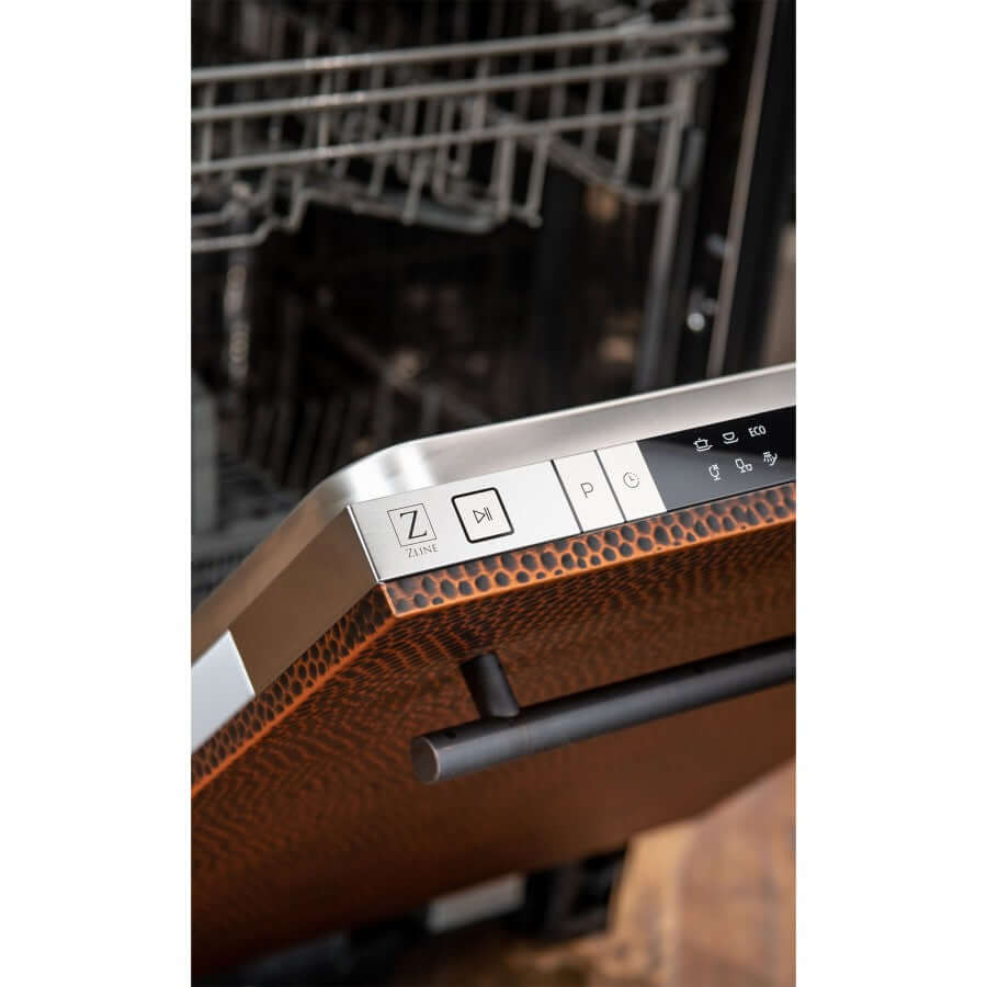 ZLINE 18 in. Compact Top Control Dishwasher with Hand-Hammered Copper Panel and Modern Style Handle, 52 dBa (DW-HH-18)