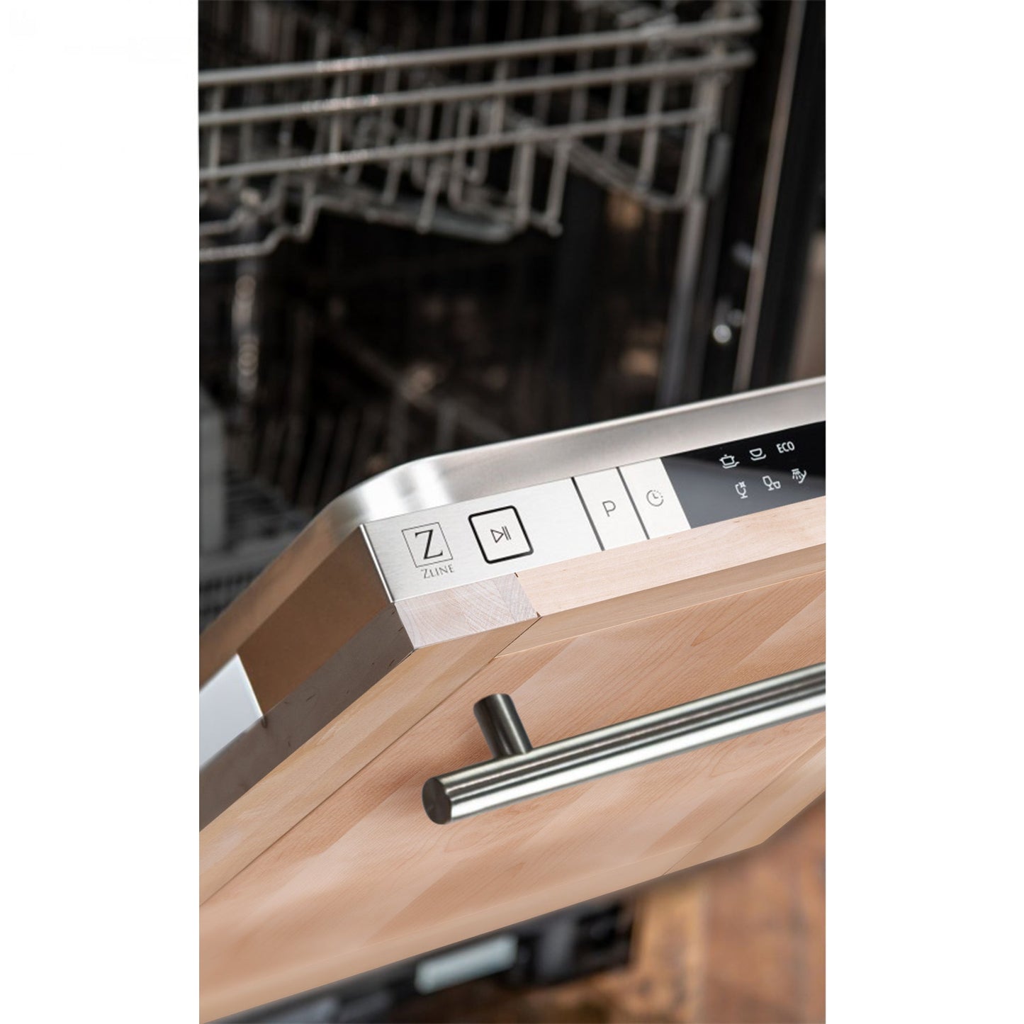 ZLINE 18 in. Compact Top Control Dishwasher with Unfinished Wooden Panel and Modern Style Handle, 52 dBa (DW-UF-18)